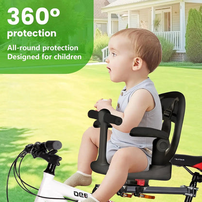 Children Front Bicycle Seat, Mountain Bike Baby Seat, Seat 360° Swivel, Quick Release, with Footrest, Armrests, Grid, Belt