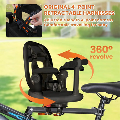 Children Front Bicycle Seat, Mountain Bike Baby Seat, Seat 360° Swivel, Quick Release, with Footrest, Armrests, Grid, Belt