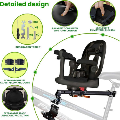 Children Front Bicycle Seat, Mountain Bike Baby Seat, Seat 360° Swivel, Quick Release, with Footrest, Armrests, Grid, Belt