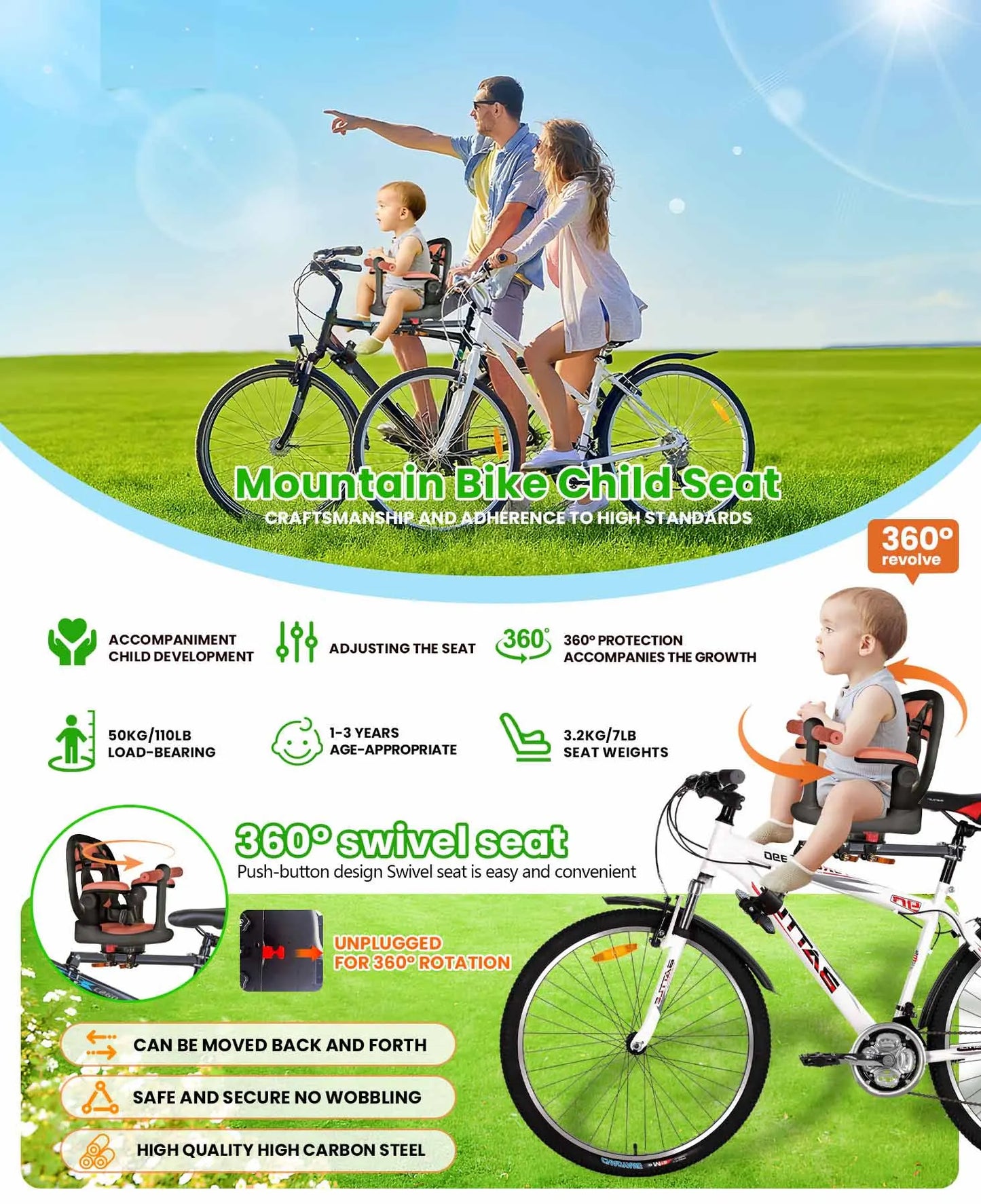 Children Front Bicycle Seat, Mountain Bike Baby Seat, Seat 360° Swivel, Quick Release, with Footrest, Armrests, Grid, Belt