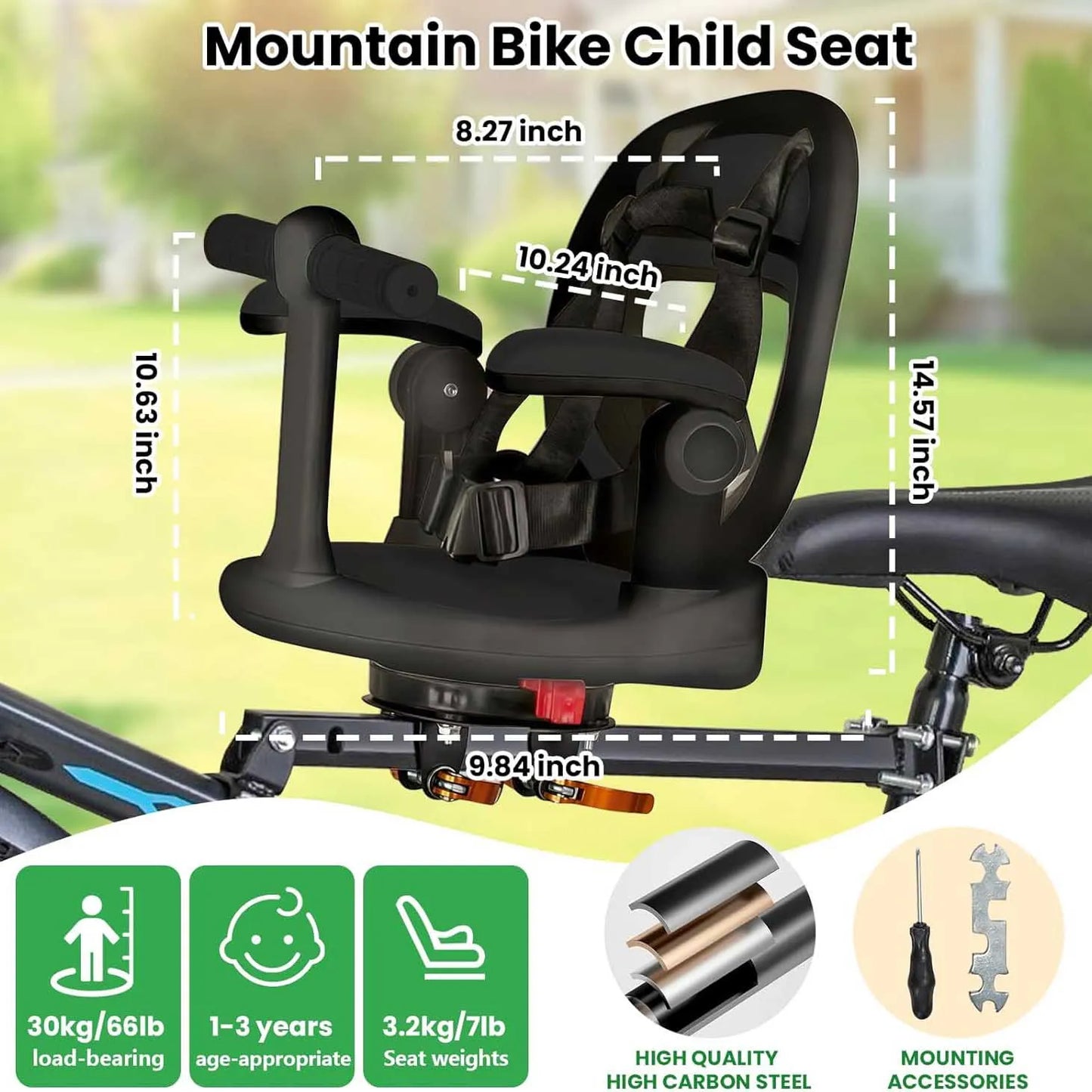 Children Front Bicycle Seat, Mountain Bike Baby Seat, Seat 360° Swivel, Quick Release, with Footrest, Armrests, Grid, Belt