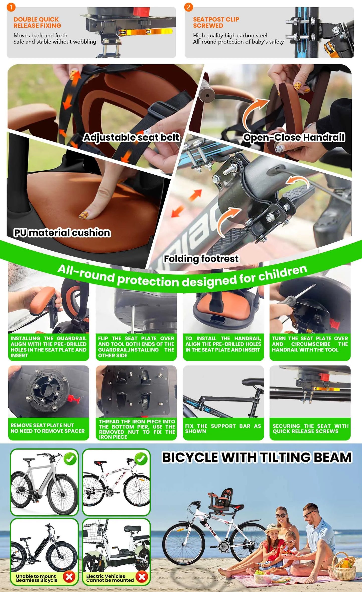 Children Front Bicycle Seat, Mountain Bike Baby Seat, Seat 360° Swivel, Quick Release, with Footrest, Armrests, Grid, Belt