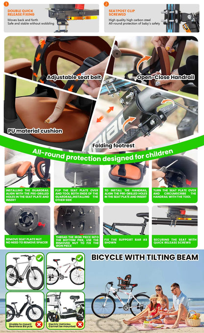 Children Front Bicycle Seat, Mountain Bike Baby Seat, Seat 360° Swivel, Quick Release, with Footrest, Armrests, Grid, Belt